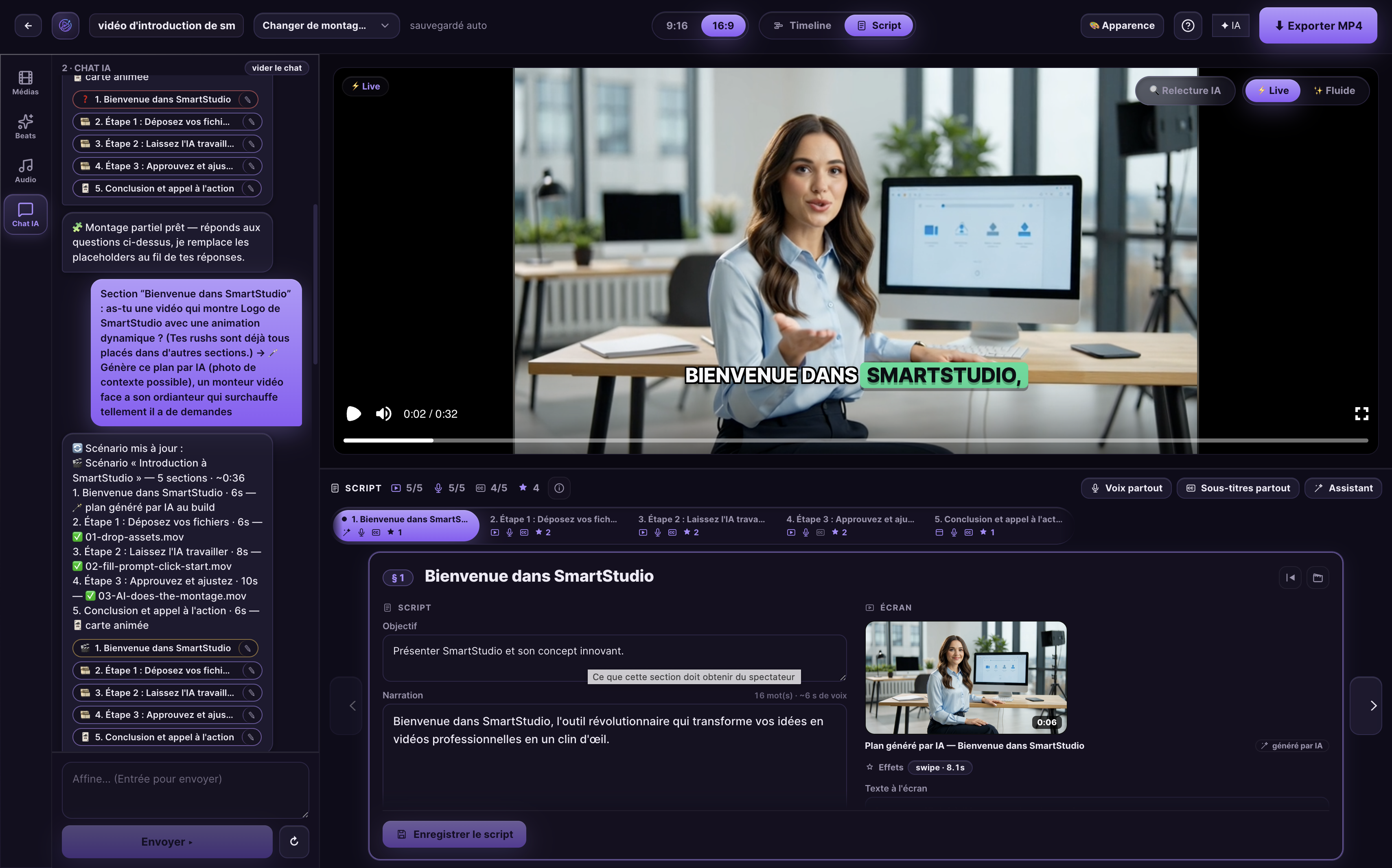 Éditeur vidéo CoupAI — vue script : une fiche par section avec objectif, narration, média, voix et sous-titres
